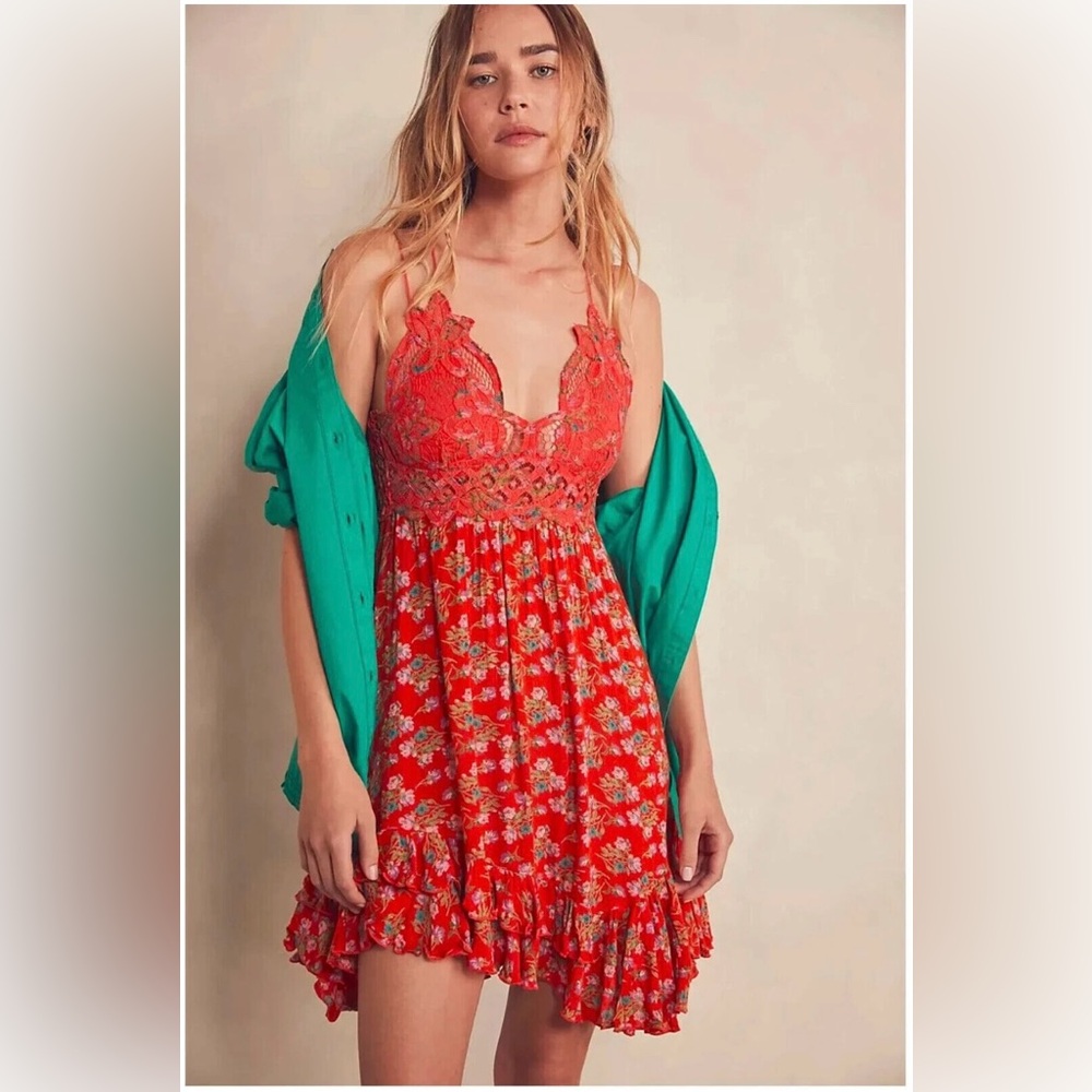 Free People Red Floral Lace-Trim Mini Dress